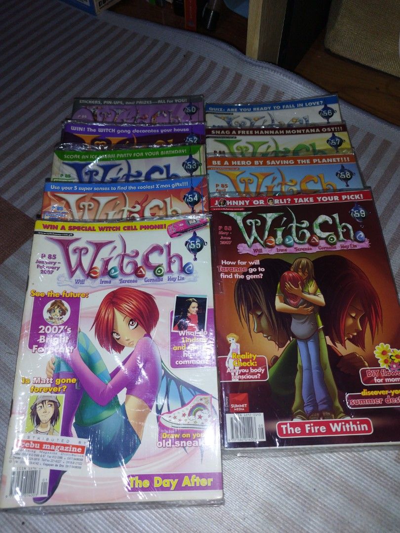 Witch Magazine per Issue : #50 to 59 Bundle (Category: Magazines) located in Davao. Submitted by evanbolo24 (Listing ID 1466780527, Image 1). Description: - Set of 10 W.I.T.C.H. magazine issues (Numbers 50-59) by Summit Media - Features exciting storylines including 'The Day After' and 'The Fire Within' - Each issue is individually protected in a clear plastic sleeve - Perfect for completing your 2000s vintage comic book collection - Ships secure