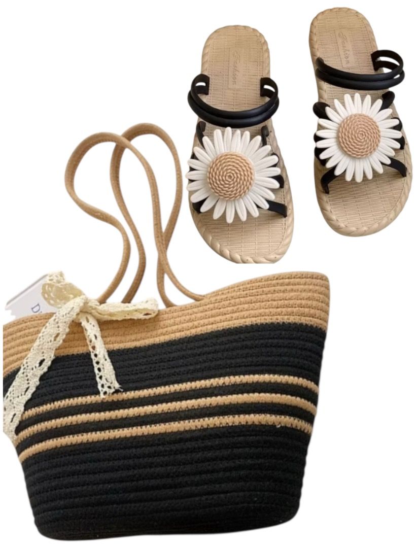 Woven Beach Bag with Daisy sandals black (Category: Beach Bags) located in Caloocan City. Submitted by crateandbarrel (Listing ID 1466823772, Image 3). Description: Woven Beach Bag Combo Weight: 500g Material: Braided Cotton Thread Strap: 66cm, not adjustable With zipper: No 38*25*9cm Color Black / Khaki Beach Sandals : 36/37, 38,38 .