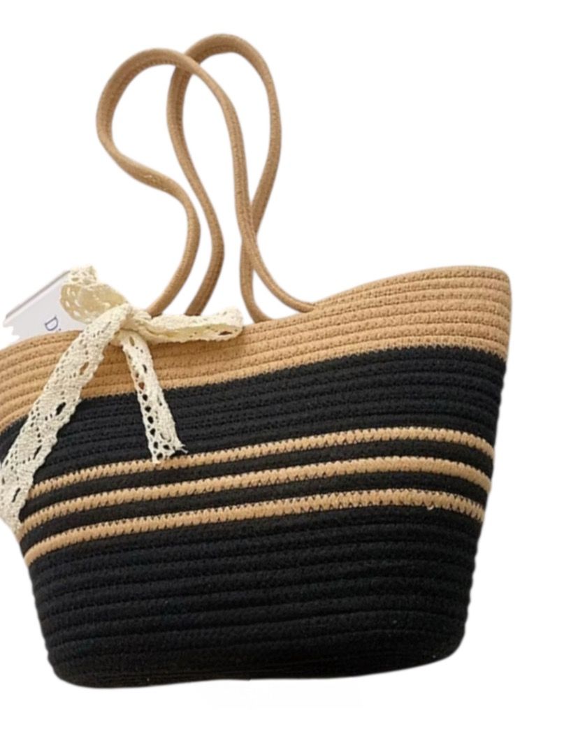 Woven Beach Bag with Daisy sandals black (Category: Beach Bags) located in Caloocan City. Submitted by crateandbarrel (Listing ID 1466823772, Image 2). Description: Woven Beach Bag Combo Weight: 500g Material: Braided Cotton Thread Strap: 66cm, not adjustable With zipper: No 38*25*9cm Color Black / Khaki Beach Sandals : 36/37, 38,38 .