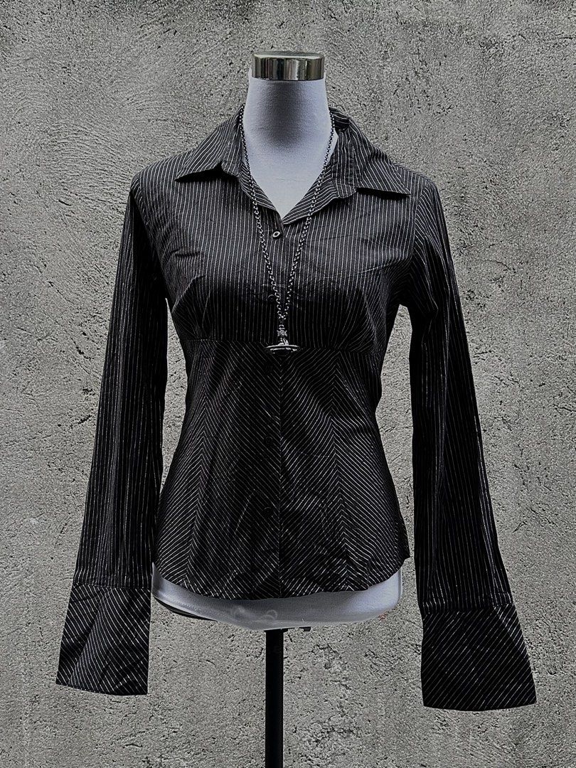 Y2k Goth Black Metallic Silver Pinstripe Fitted Button Down Blouse (Category: Blouses) located in Dasmarinas. Submitted by mesh.shop (Listing ID 1466936943, Image 2). Description: 10000/10 Prettyyy Office siren vibess Bust: 36-38 inches Length: 22.5 inches.