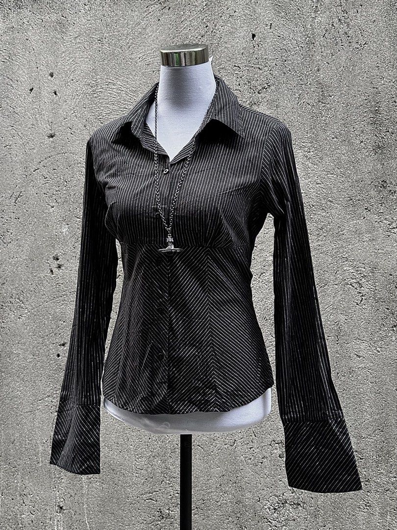 Y2k Goth Black Metallic Silver Pinstripe Fitted Button Down Blouse (Category: Blouses) located in Dasmarinas. Submitted by mesh.shop (Listing ID 1466936943, Image 3). Description: 10000/10 Prettyyy Office siren vibess Bust: 36-38 inches Length: 22.5 inches.