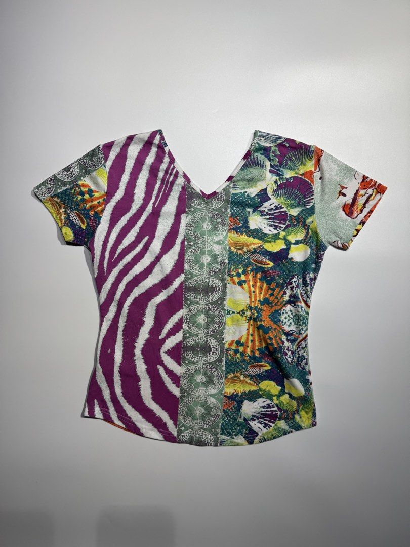 Y2K Miss Sixty Multi-Pattern Short Sleeve V-Neck Top Size S (Category: Shirts) located in Manila. Submitted by babygirly2k (Listing ID 1466836475, Image 2). Description: - Brand: Miss Sixty - Style: V-neck top with short sleeves - Design: Vibrant patchwork of animal, floral, and snake prints with delicate front stud embellishments - Fabric: Lightweight and stretchy - Size: Pit-to-pit approx. 18 inches - Condition: Great statement piece for casual