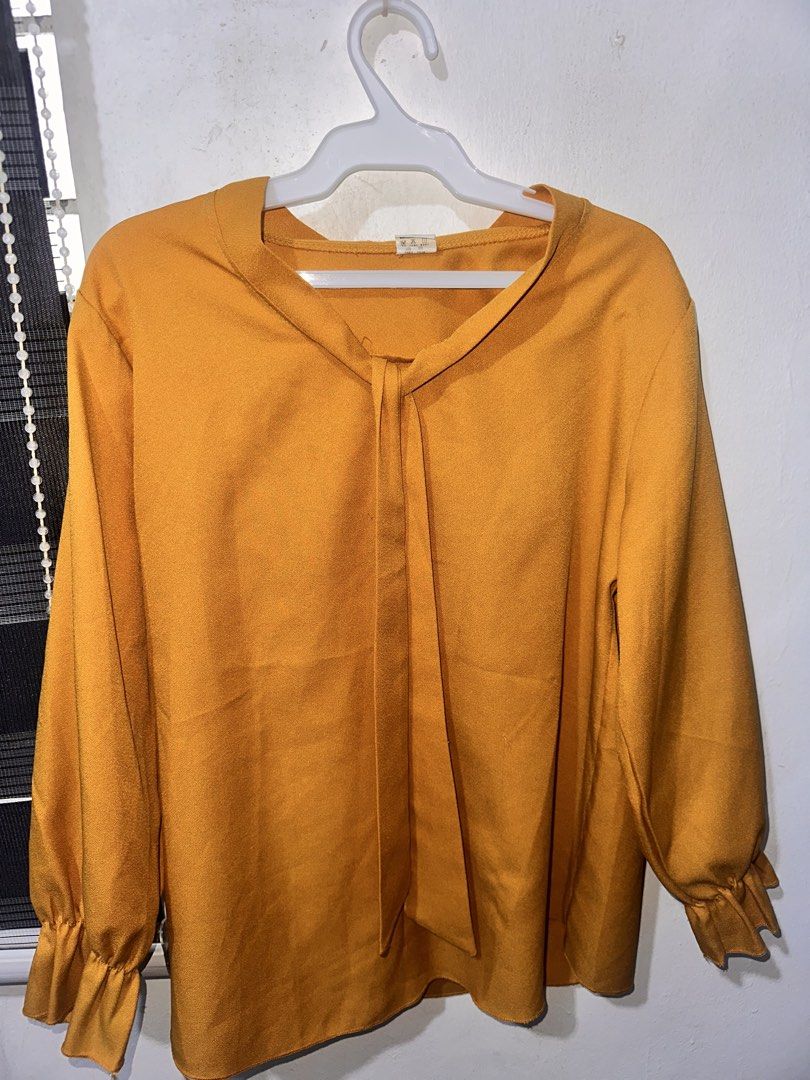 Yellow blouse with tie in front (can ribbon) (Category: Blouses) located in Batangas. Submitted by oddflower.582653 (Listing ID 1466860157, Image 2). Description: 📌 Santa Rosa Laguna Best fit medium.