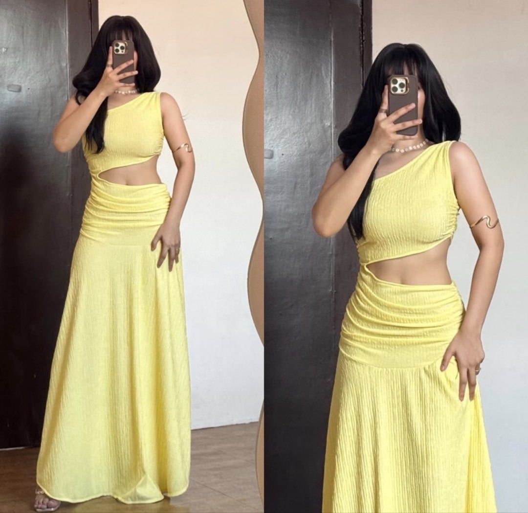Yellow One-Shoulder Cutout Maxi Dress (Category: Dresses) located in Las Pinas. Submitted by fabmommas (Listing ID 1466870698, Image 1). Description: - Style: One-shoulder maxi dress with a chic side cutout - Color: Vibrant bright yellow (great for photos!) - Material: Crepe fabric - Fit: Fitted bodice with a long, relaxed skirt - Condition: Worn once during a trip, stored clean in the closet.