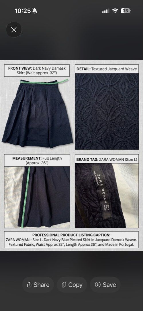 Zara A line Skirt (Category: Skirts) located in Marikina City. Submitted by igmtsisters (Listing ID 1466883964, Image 1). Description: Dark blue textured pleated midi skirt appears to be a Zara Woman A-line or jacquard patterned skirt. RFS: i bought this last year, removed the tag and wash but never worn. does not fit me still.