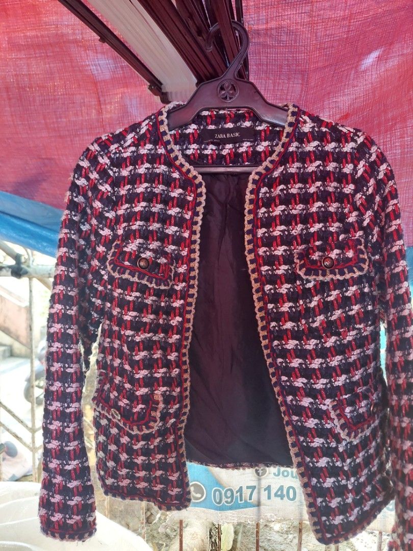 Zara Basic Tweed Jacket Red Black Size XS (Category: Coats, Jackets and Outerwear) located in Quezon City. Submitted by jutang21 (Listing ID 1466779081, Image 1). Description: - Brand: Zara Basic -18w 22L - Style: Tweed jacket in red, dark blue, and white mix - Details: Gold metallic trim, 2 front pockets with buttons - Interior: Fully lined in black fabric - Size: XS - Fit: Classic structured - Condition: Excellent pre-loved condition (ready to 