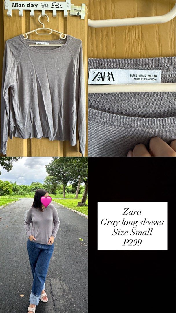 Zara Gray Long Sleeves Size Small (Category: Longsleeves) located in Pasig City. Submitted by kellyvijandre (Listing ID 1466793355, Image 1). Description: - Brand: Zara - Item: Gray long-sleeve knit top - Size: Small - Details: Simple round neckline, ribbed hem and cuffs - Material: Soft, lightweight knit - Origin: Made in Cambodia - Styling: Easy to match with jeans or skirts for casual wear.
