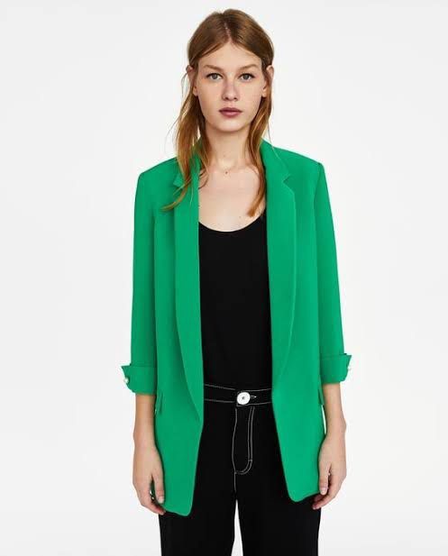 Zara Green Blazer - XS (Category: Coats, Jackets and Outerwear) located in Manila. Submitted by tk555_ (Listing ID 1466781648, Image 1). Description: - Brand: Zara - Size: XS-fits up to Small - Color: Vibrant green with white silky inner lining - Details: Structured lapels, button detail on rolled sleeves - Condition: Clean inside and out, ready to wear - Style: Great pop of color for work or casual outings -Got this for around 3k!.