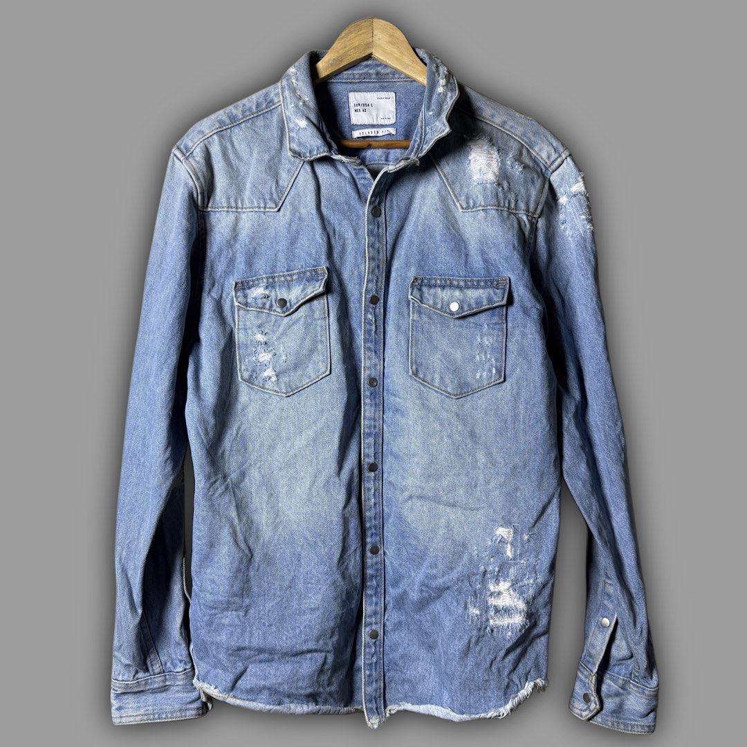 ZARA MAN DENIM DISTRESSED JACKET (Category: Coats, Jackets and Outerwear) located in Zamboanga. Submitted by hype_thrifts (Listing ID 1466854930, Image 1). Description: Z4RA M4N Distressed Denim Jacket - Large Width: 21 Length: 27 Excellent Condition -.