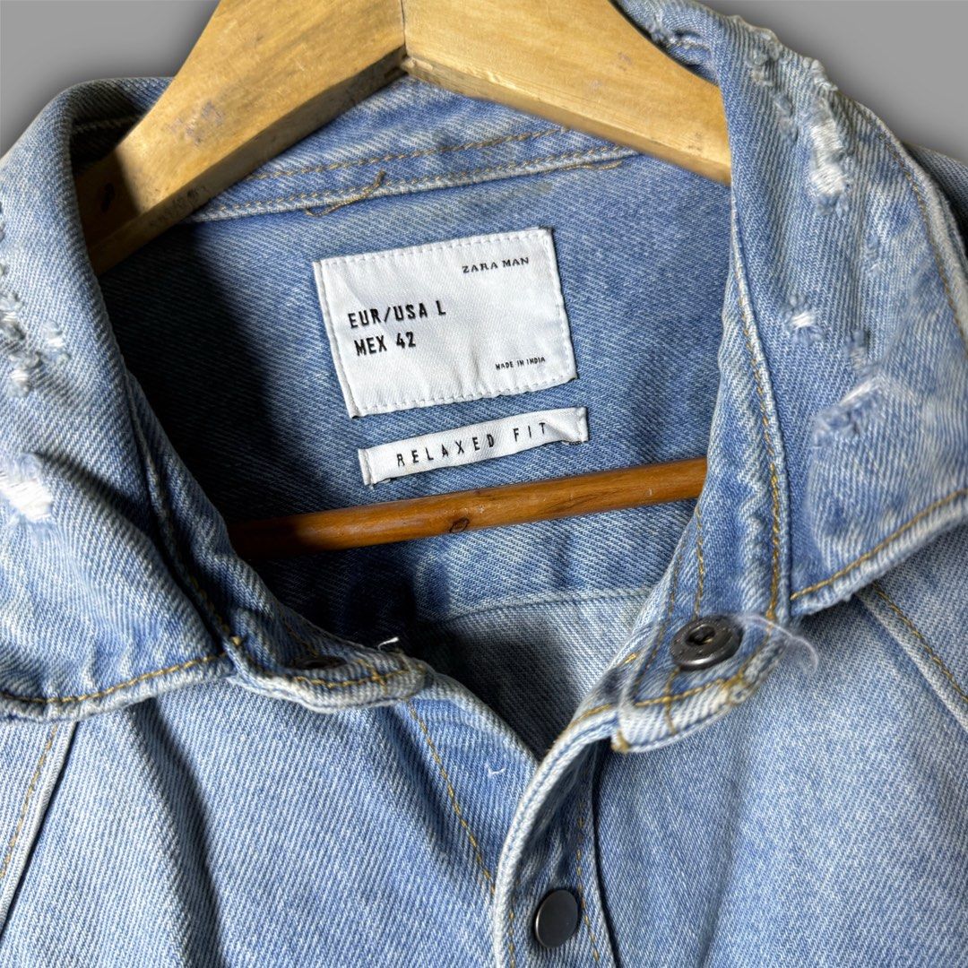 ZARA MAN DENIM DISTRESSED JACKET (Category: Coats, Jackets and Outerwear) located in Zamboanga. Submitted by hype_thrifts (Listing ID 1466854930, Image 3). Description: Z4RA M4N Distressed Denim Jacket - Large Width: 21 Length: 27 Excellent Condition -.