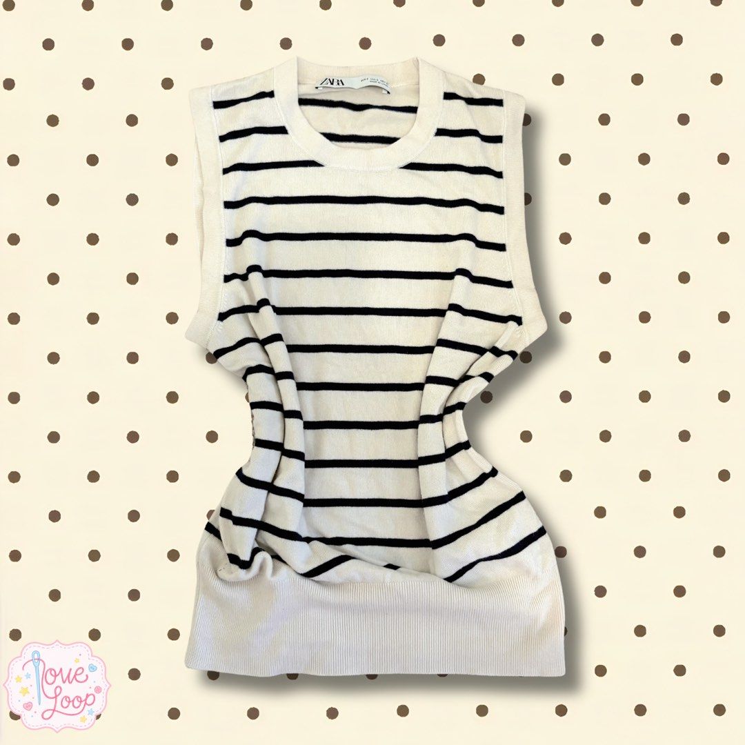 Zara Striped Sleeveless Knit Top (Category: Sleeveless) located in Manila. Submitted by love.loop (Listing ID 1452782045, Image 1). Description: - Zara sleeveless knit top - Cream and black stripes - Crew neck - Ribbed hem - Estimated size: Small to Medium - Versatile for layering or wearing alone.