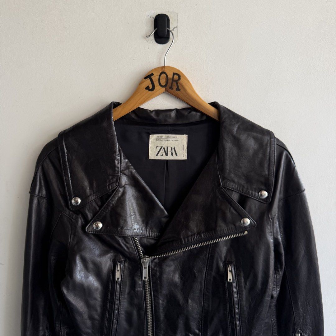 Zara Studio Leather Biker Moto Jacket (Category: Coats, Jackets and Outerwear) located in San Fernando. Submitted by jorjorr (Listing ID 1466775719, Image 2). Description: Zara Studio Leather Biker Moto Jacket Xs on tag Womens 18 width 20 length Excellent condition No issue P1,899.