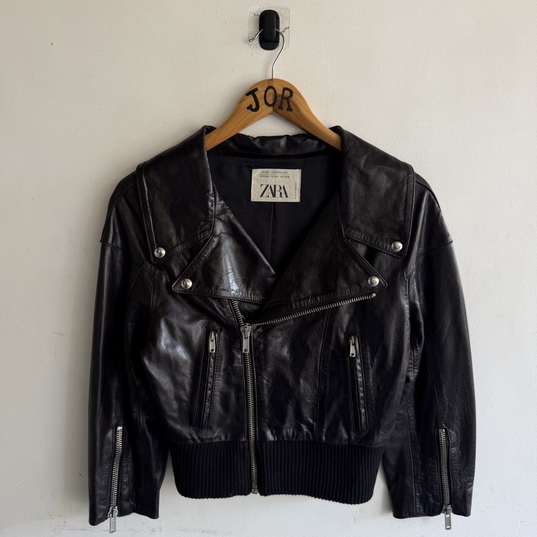 Zara Studio Leather Biker Moto Jacket (Category: Coats, Jackets and Outerwear) located in San Fernando. Submitted by jorjorr (Listing ID 1466775719, Image 1). Description: Zara Studio Leather Biker Moto Jacket Xs on tag Womens 18 width 20 length Excellent condition No issue P1,899.