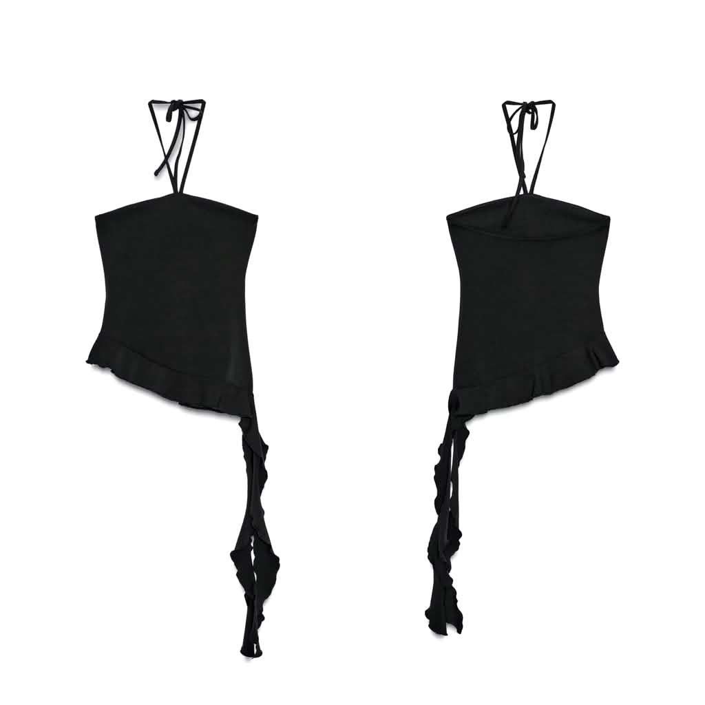 Zara Textured top with ruffles (Category: Sleeveless) located in Manila. Submitted by marialight09 (Listing ID 1466965268, Image 2). Description: Zara Textured top with ruffles No issue or damage Halterneck top with tie closure. Straight neckline and off-the-shoulder detail. Side ruffle Stretchable fabric Size: Small Measurement: L 16 in x W 12 in (bust area).