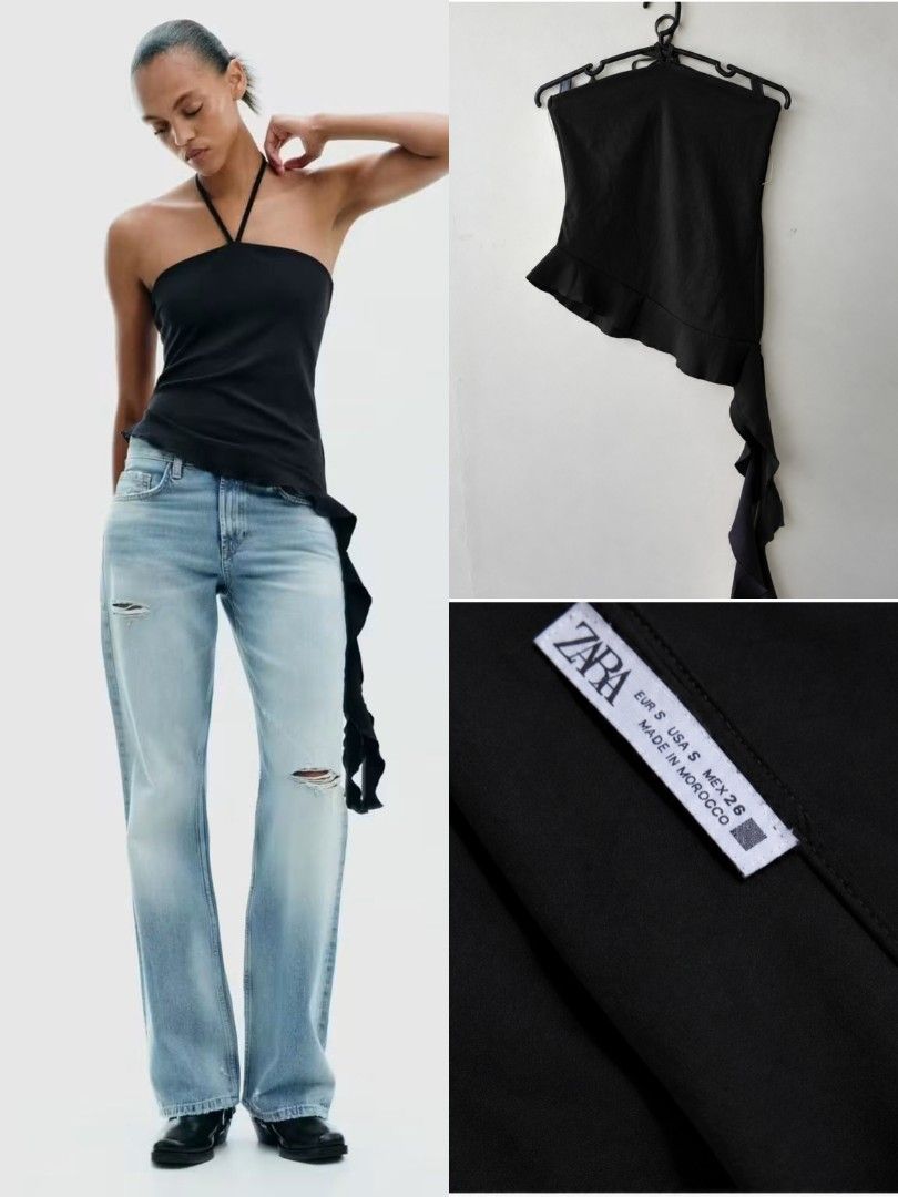 Zara Textured top with ruffles (Category: Sleeveless) located in Manila. Submitted by marialight09 (Listing ID 1466965268, Image 1). Description: Zara Textured top with ruffles No issue or damage Halterneck top with tie closure. Straight neckline and off-the-shoulder detail. Side ruffle Stretchable fabric Size: Small Measurement: L 16 in x W 12 in (bust area).