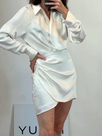 Zara white satin wrap dress (Category: Dresses) located in Pasig City. Submitted by closet_reframe (Listing ID 1466779850, Image 1). Description: Brand new, Zara white satin wrap dress. Satin fabric has a smooth feel and nice flow when worn. Clean finish with well-made stitching and a flattering wrap design. with tags. Shoes are also for sale! S: L.