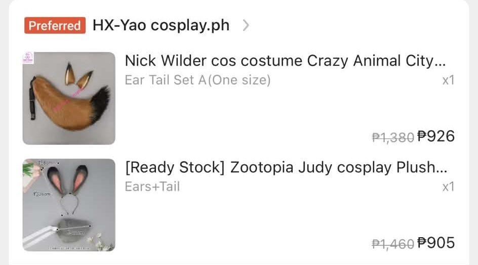 Zootopia Nick Wilde and Judy Hopps Set (Category: Sets or Coordinates) located in Makati City. Submitted by markopolo_preloved (Listing ID 1466860560, Image 2). Description: - Complete Zootopia couple cosplay set: Nick Wilde & Judy Hopps - Nick: Fox Ears & Tail (purchased at ₱926) - Judy: Bunny Ears & Tail (purchased at ₱905) - Judy Police badge (purchased at ₱138) - Total ₱1,969 but selling all for only ₱1,299 - Save ₱670 - Material: Soft faux f