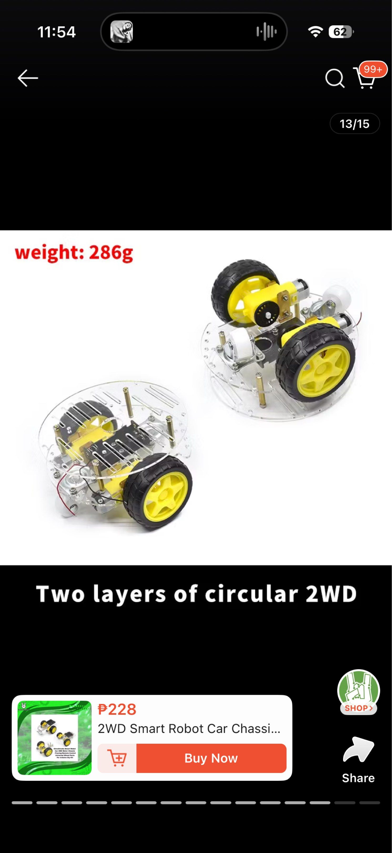 2WD Smart Robot Car Chassis (Category: Remote Control Toys) located in Manila. Submitted by doodlessss (Listing ID 1419009401, Image 1). Description: 2WD Smart Robot Car Chassis - It has two layers of circular design - Ready to be assembled for robotics projects .
