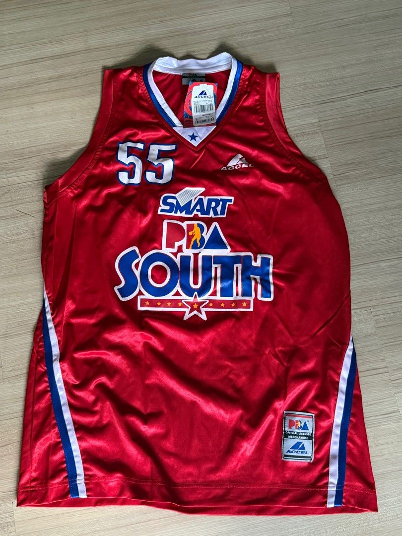Accel PBA South Ferriols #55 Jersey Signed (Category: Activewear) located in Pasig City. Submitted by mikov_ (Listing ID 1418985785, Image 1). Description: - Accel PBA South jersey - Features Ferriols #55 - Red base color with white and blue accents - Includes PBA South logo - New with tags attached.
