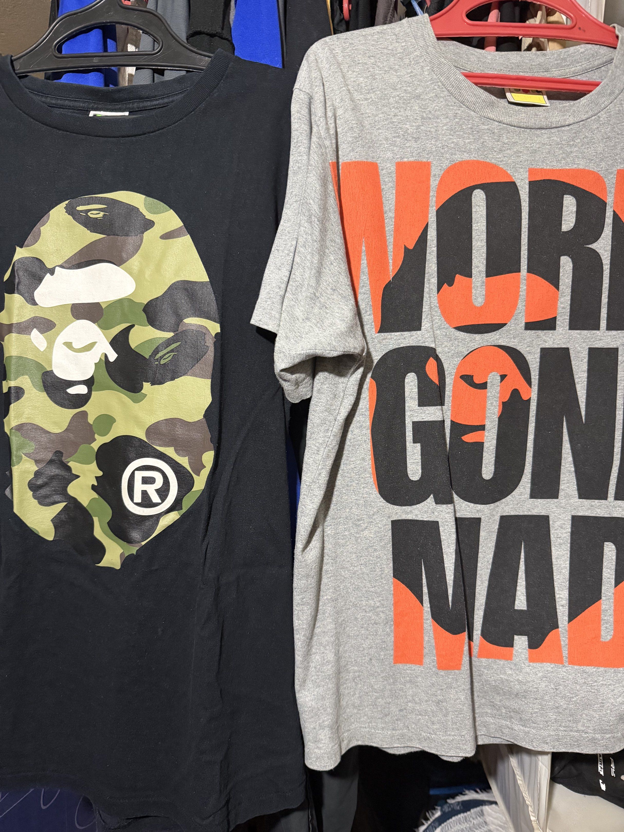 BAPE tshirt (Category: Tshirts & Polo Shirts ) located in Manila. Submitted by jnova7 (Listing ID 1418991727, Image 1). Description: black size XL gray size L nabili sa vintage vault madalang magamit tas nakatago na lang nego gcash loc qc .