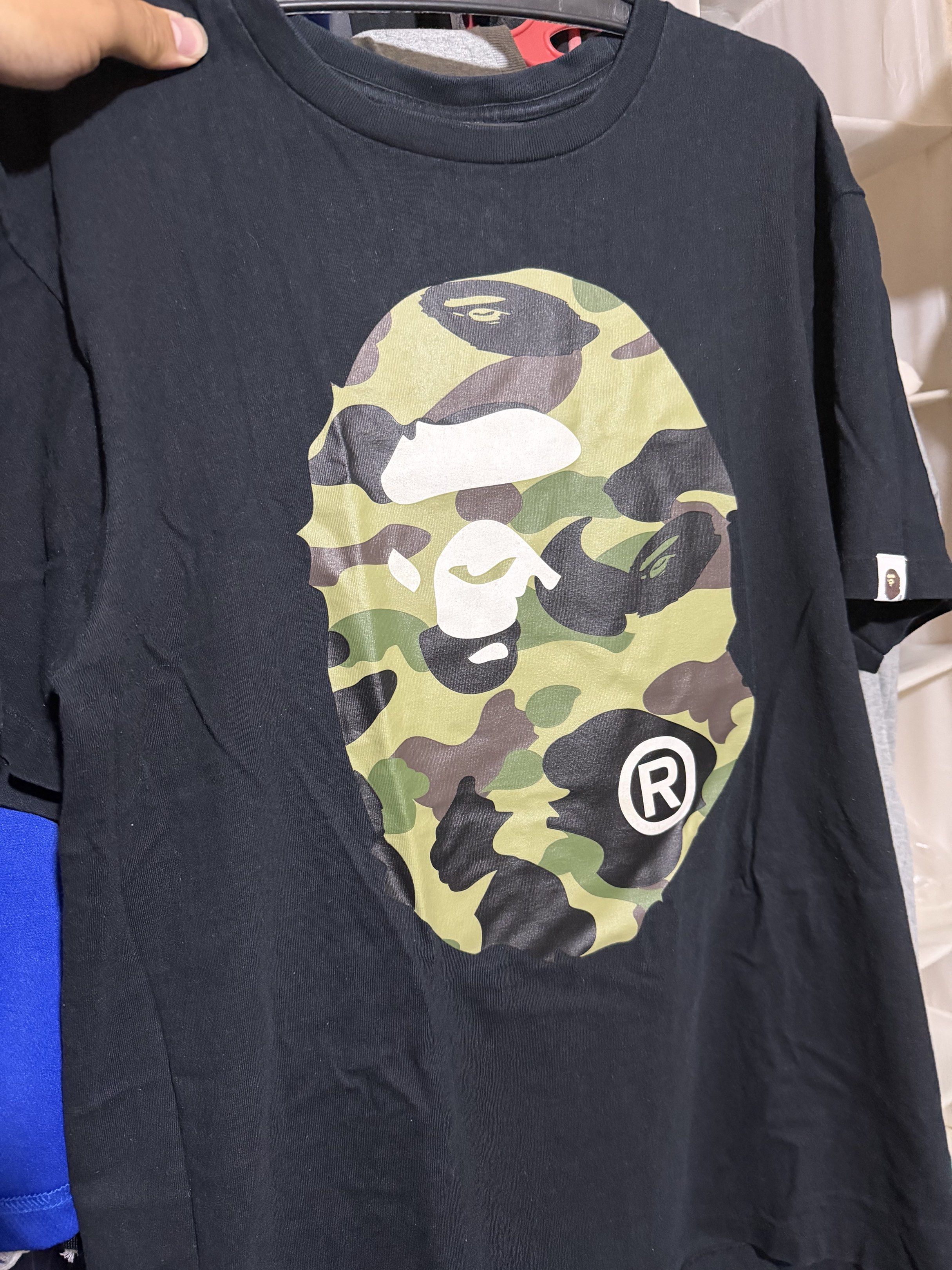 BAPE tshirt (Category: Tshirts & Polo Shirts ) located in Manila. Submitted by jnova7 (Listing ID 1418991727, Image 2). Description: black size XL gray size L nabili sa vintage vault madalang magamit tas nakatago na lang nego gcash loc qc .