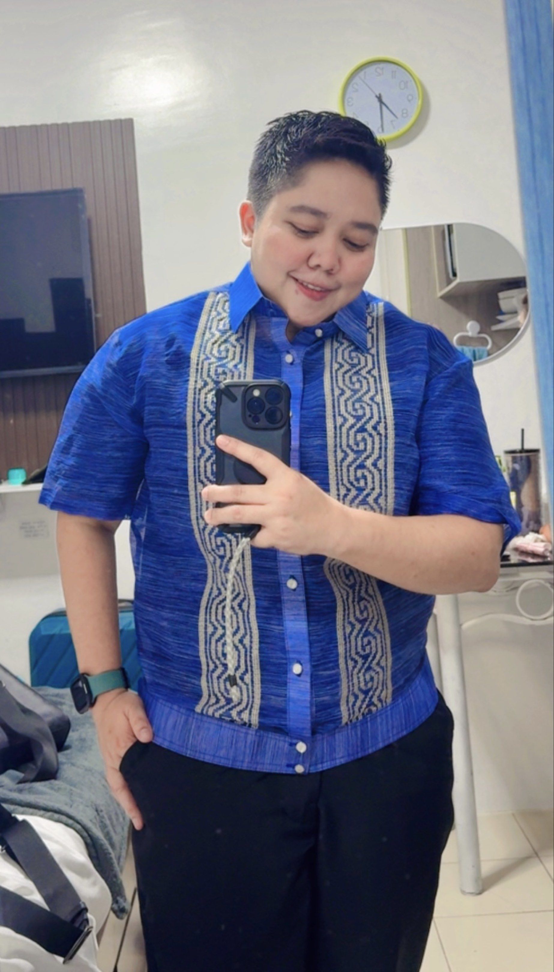 Barong Lumban (Category: Others Tops) located in Mandaluyong City. Submitted by wanderoot (Listing ID 1418976972, Image 2). Description: Used only once (Christmas Party) Bought for 5,000 plus - Blue short-sleeved shirt - Button-down front - Collared neckline - Textured fabric - Clean and well-maintained - Comes in a garment bag.