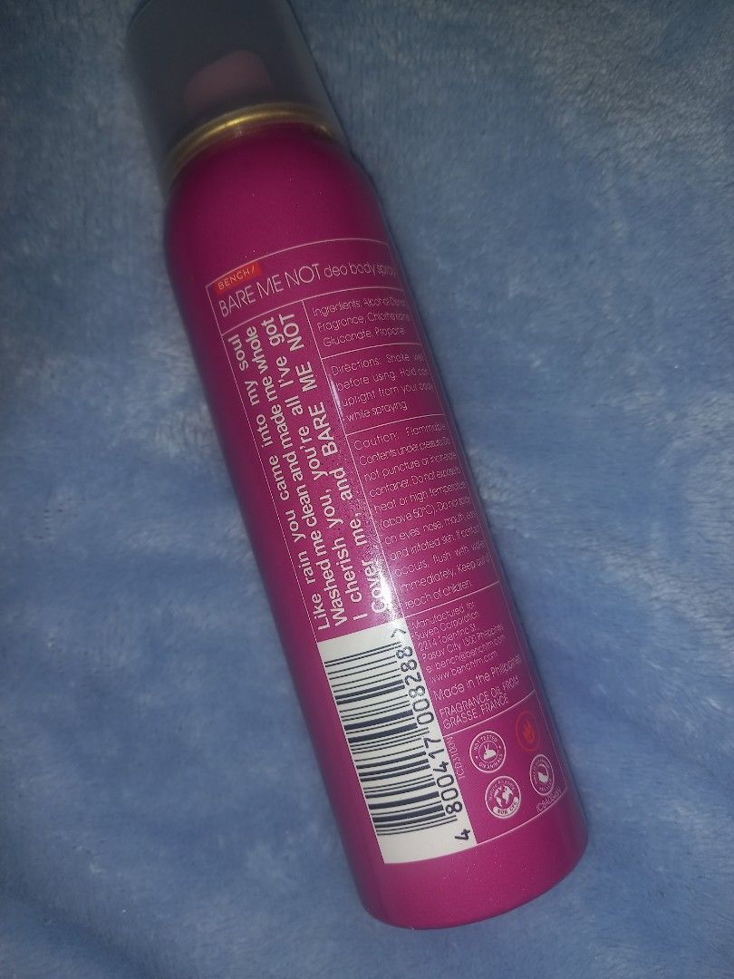 Bench Bare Me Not Deo Body Spray 100ml (Category: Fragrance & Deodorants) located in Caloocan City. Submitted by ms.regina (Listing ID 1419149109, Image 3). Description: last price na po RFS: na stock na lang sa bahay .