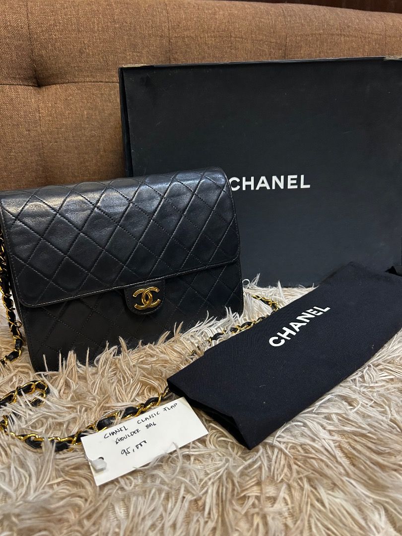 Chanel Classic Flap Shoulder Bag (Category: Luxury Bags & Wallets) located in Caloocan City. Submitted by piamariemo11606 (Listing ID 1419109111, Image 1). Description: - Authentic Chanel Classic Flap shoulder bag - Black, quilted design - Gold-tone chain strap - Iconic CC turn-lock closure - Includes original box, dust bag, and authenticity cards - Red leather interior with zippered pocket.