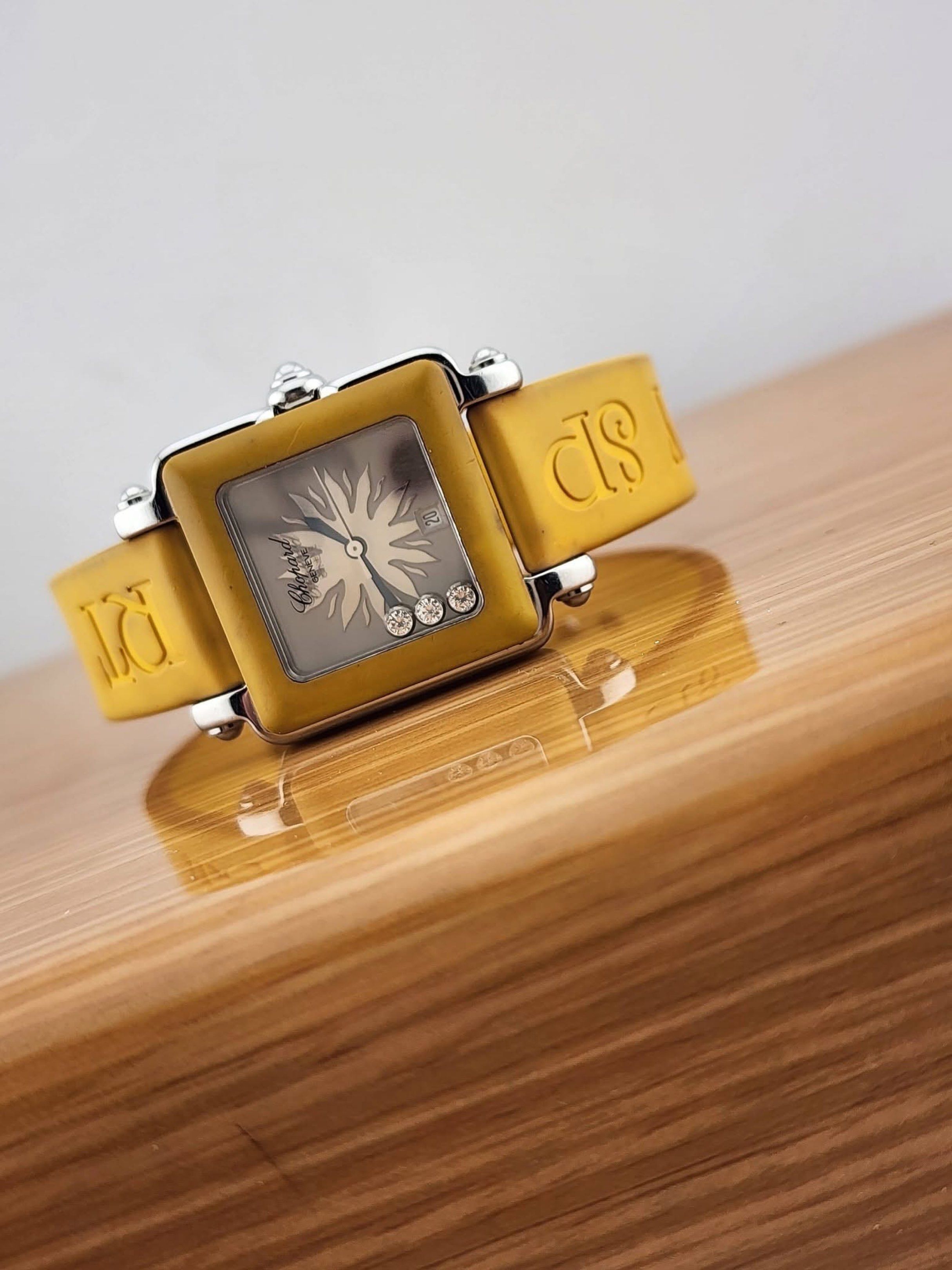 Chopard (Category: Luxury Watches) located in Manila. Submitted by alvin6697 (Listing ID 1419065768, Image 3). Description: Chopard Be Happy 2 27mm Case Diameter Reference number 8896 2000 Year Model Production Quartz Machine Movement With 3 Dancing Diamond In Face Watch Only . Open For Authentication Issue : Crack Rubber Strap Condition : 9.2/10 78k Only . Slightly Negotiable 🥰.