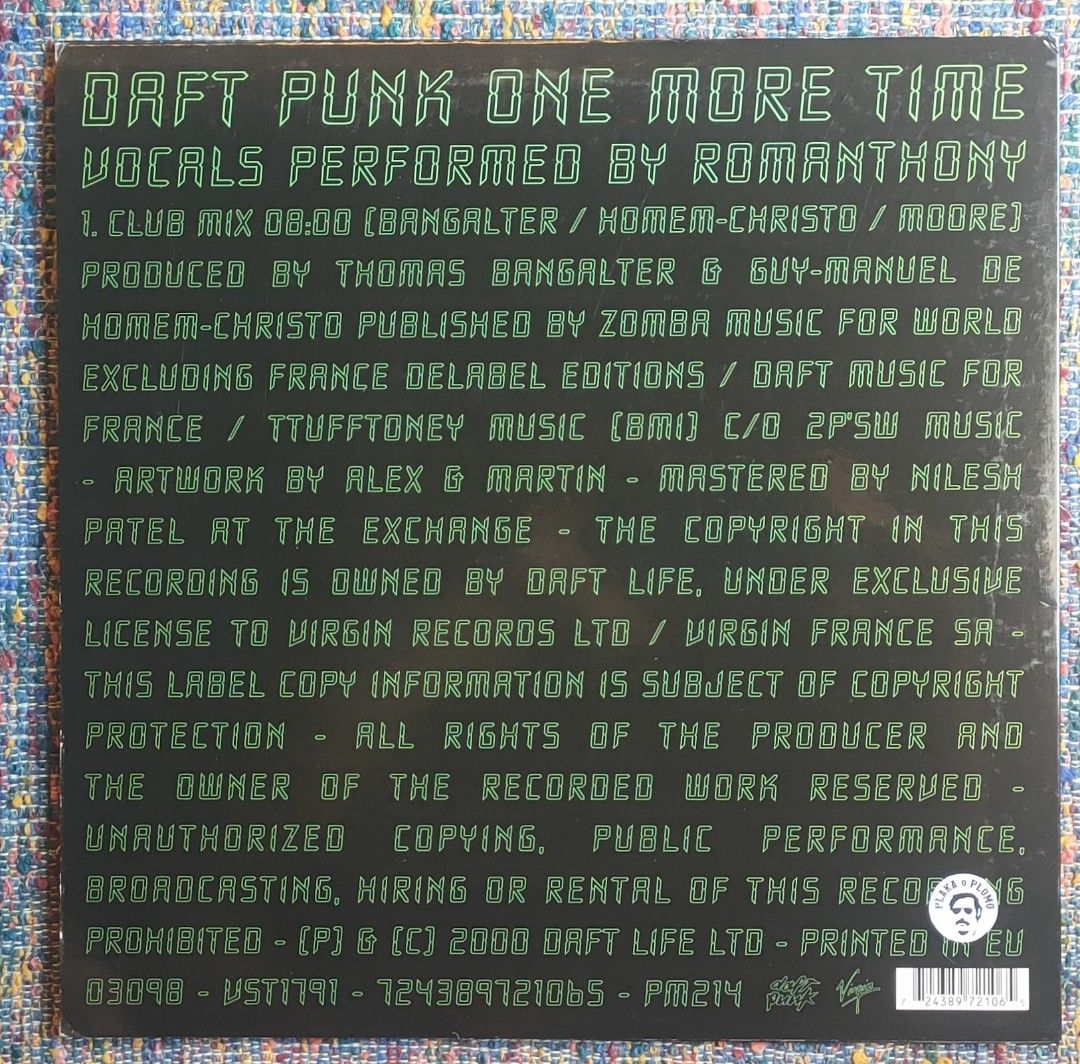 Daft Punk - One More Time 12" Vinyl Record (Category: Vinyls) located in Quezon City. Submitted by plaka.o.plomo (Listing ID 1419028121, Image 2). Description: Artist(s) : Daft Punk Song(s) : One More Time Year : 2000 Media : VG+ Color : Black Sleeve : VG+ No. : 1x Vinyl Size : 12" RPM : 33 Country : UK Catalog No. : VST1791 / 724389721065 Tracklist : - Side A 1. One More Time (Club Mix) 8:00 Notes : Clean record labels. Single-sided. Vinyl has a