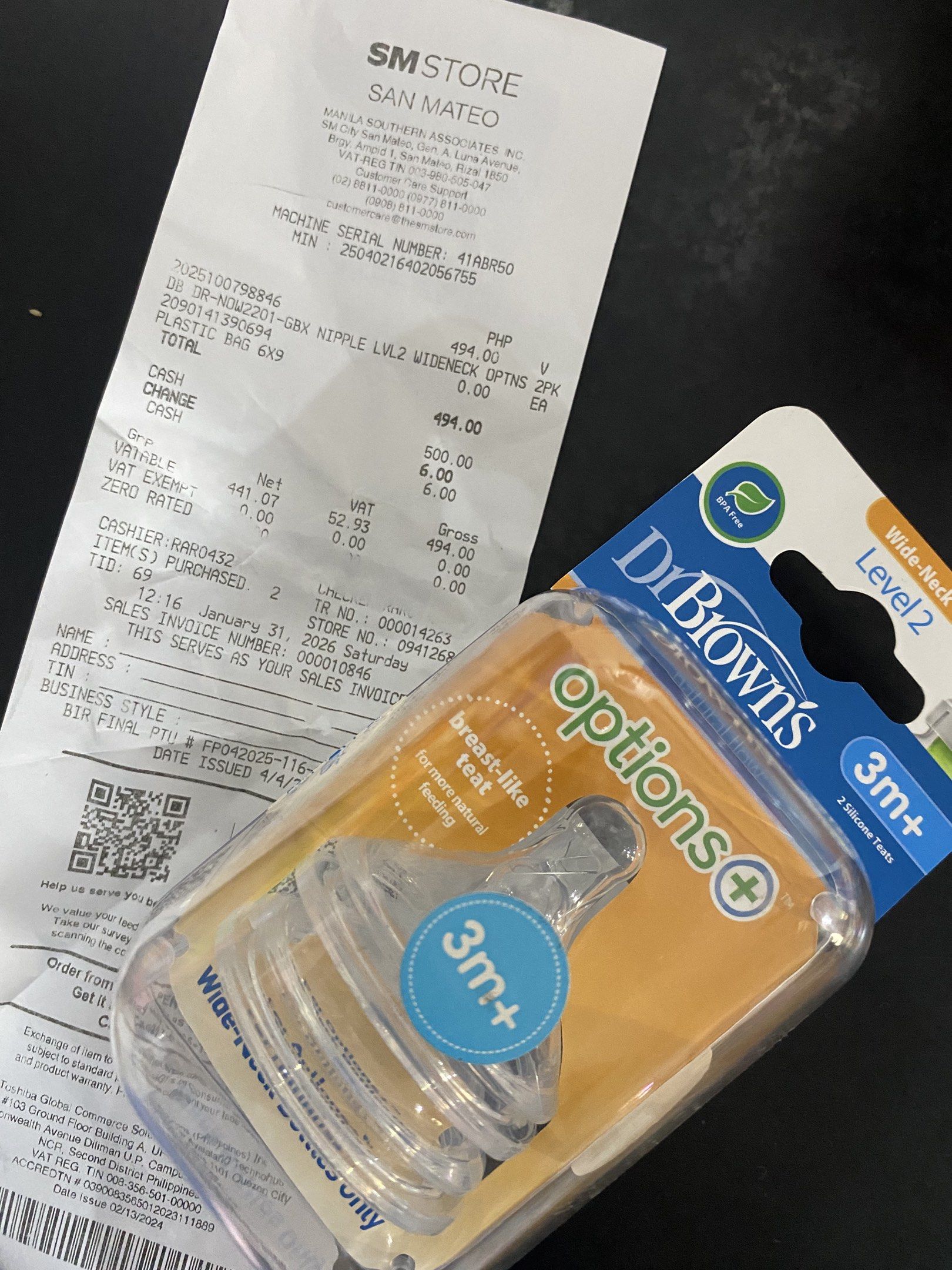Dr. Brown's Options+ Wide-Neck Level 2 Nipples (Category: Breastfeeding & Bottle Feeding) located in San Mateo. Submitted by khin11 (Listing ID 1419181507, Image 2). Description: Bought for trial, but failed again. Receipt January 31, 2026 Brand New.