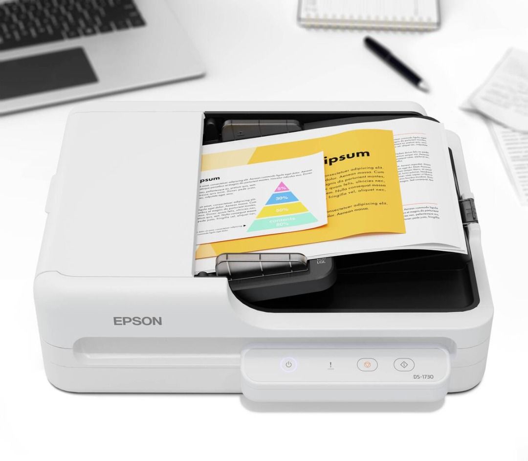 Epson WorkForce DS-1730 A4 Flatbed Document Scanner with Duplex ADF (Category: Printers, Scanners & Copiers) located in Quezon City. Submitted by lessterpcforce4302 (Listing ID 1419001452, Image 3). Description: The Epson WorkForce DS-1730 A4 document scanners optimise^ business workflows with fast scanning speeds and efficient digital storage. Their compact design maximises workspace, while versatile media handling offers flexible solutions to m