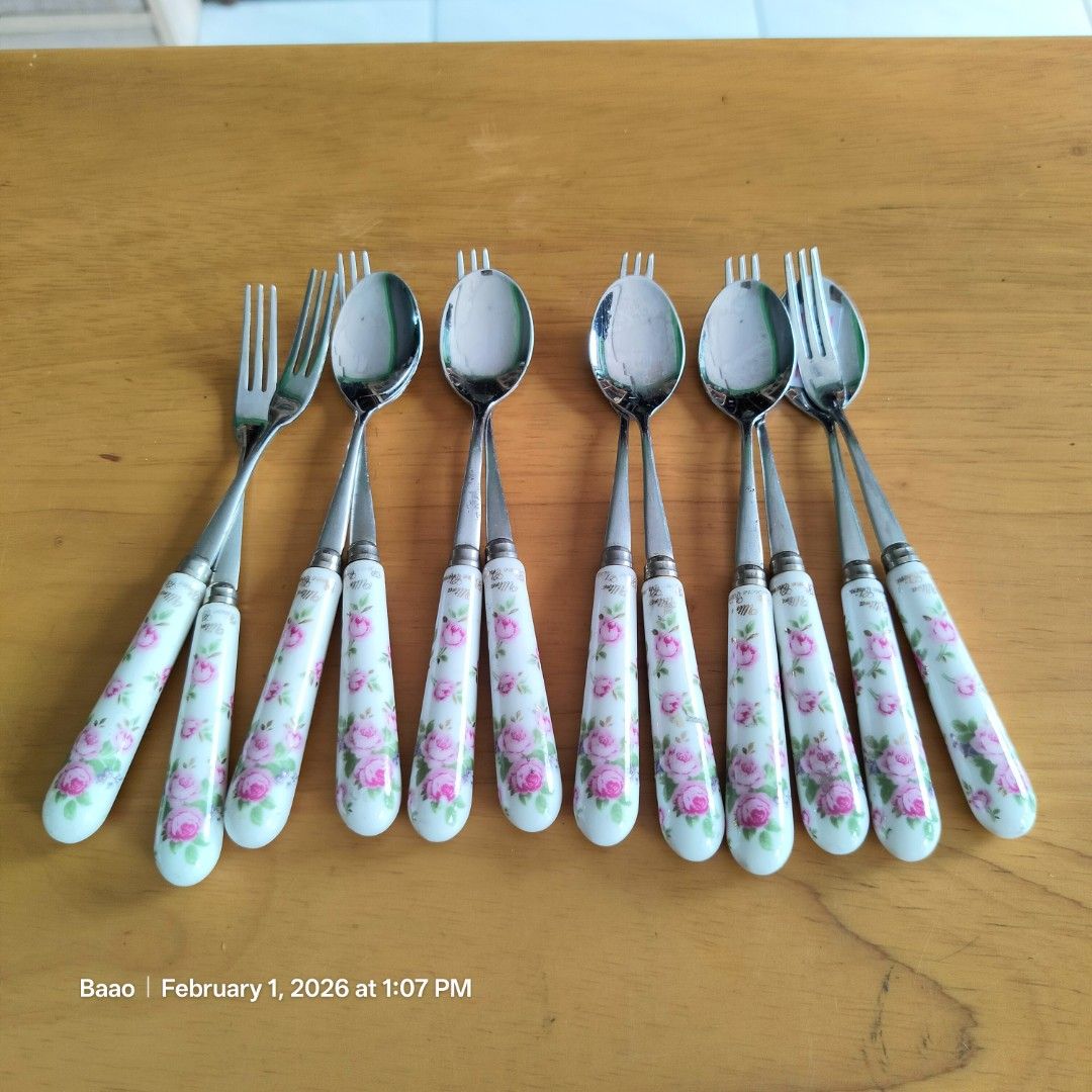 Floral Design Spoon and Fork Set (Category: Dinnerware & Cutlery) located in Baao. Submitted by all.things.japan (Listing ID 1419022442, Image 3). Description: ELEGANT DESSERT AND SALAD SPOONS AND FORK - VGC - Charming floral design on ceramic handles - White handles with pink roses - Shiny, metallic finish - Perfect for everyday use or special occasions Mine: P500.00 Add Sf MOP: GCash/Landbank/Maya Note: We only ship thru Flash Express and Daily