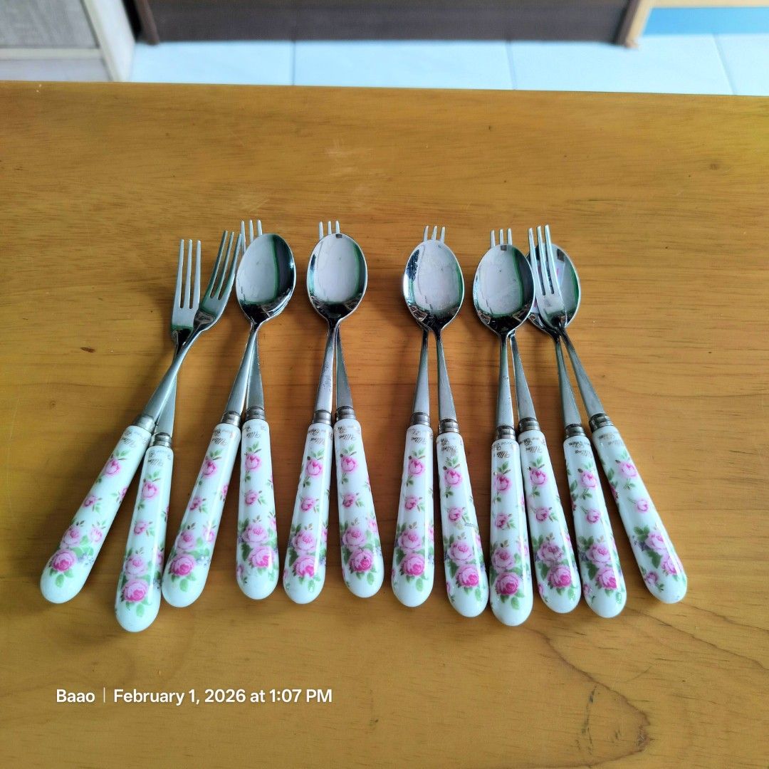 Floral Design Spoon and Fork Set (Category: Dinnerware & Cutlery) located in Baao. Submitted by all.things.japan (Listing ID 1419022442, Image 2). Description: ELEGANT DESSERT AND SALAD SPOONS AND FORK - VGC - Charming floral design on ceramic handles - White handles with pink roses - Shiny, metallic finish - Perfect for everyday use or special occasions Mine: P500.00 Add Sf MOP: GCash/Landbank/Maya Note: We only ship thru Flash Express and Daily