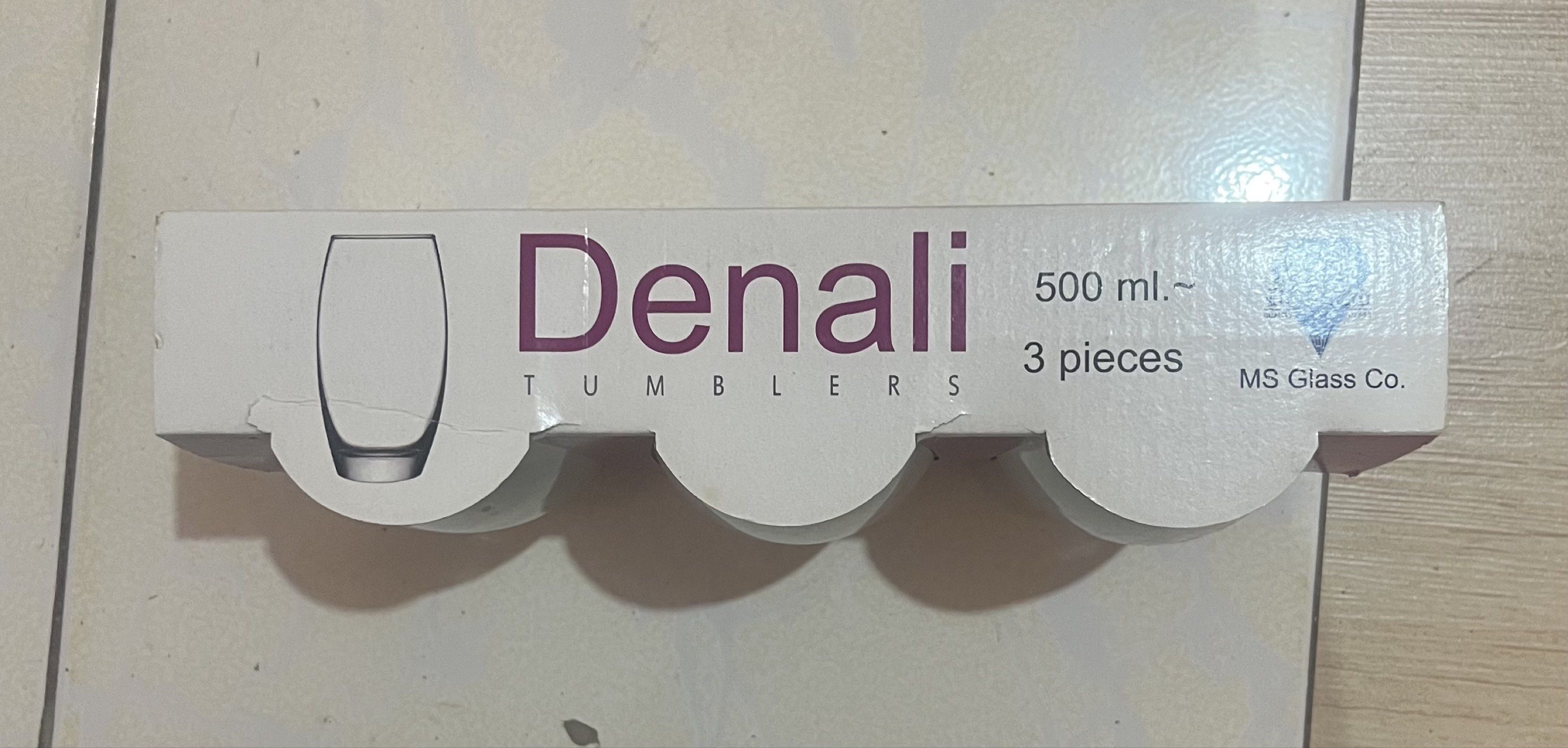 Glasses - 500ml (Set of 3) (Category: Other Kitchenware & Tableware) located in Makati City. Submitted by nicolaylay (Listing ID 1419000487, Image 2). Description: - Set of 3 Denali tumblers - 500ml capacity each - Made by MS Glass Co. - Simple and elegant design - Ideal for daily use or entertaining - Comes in original packaging Flaw: Packaging is slightly damaged. .