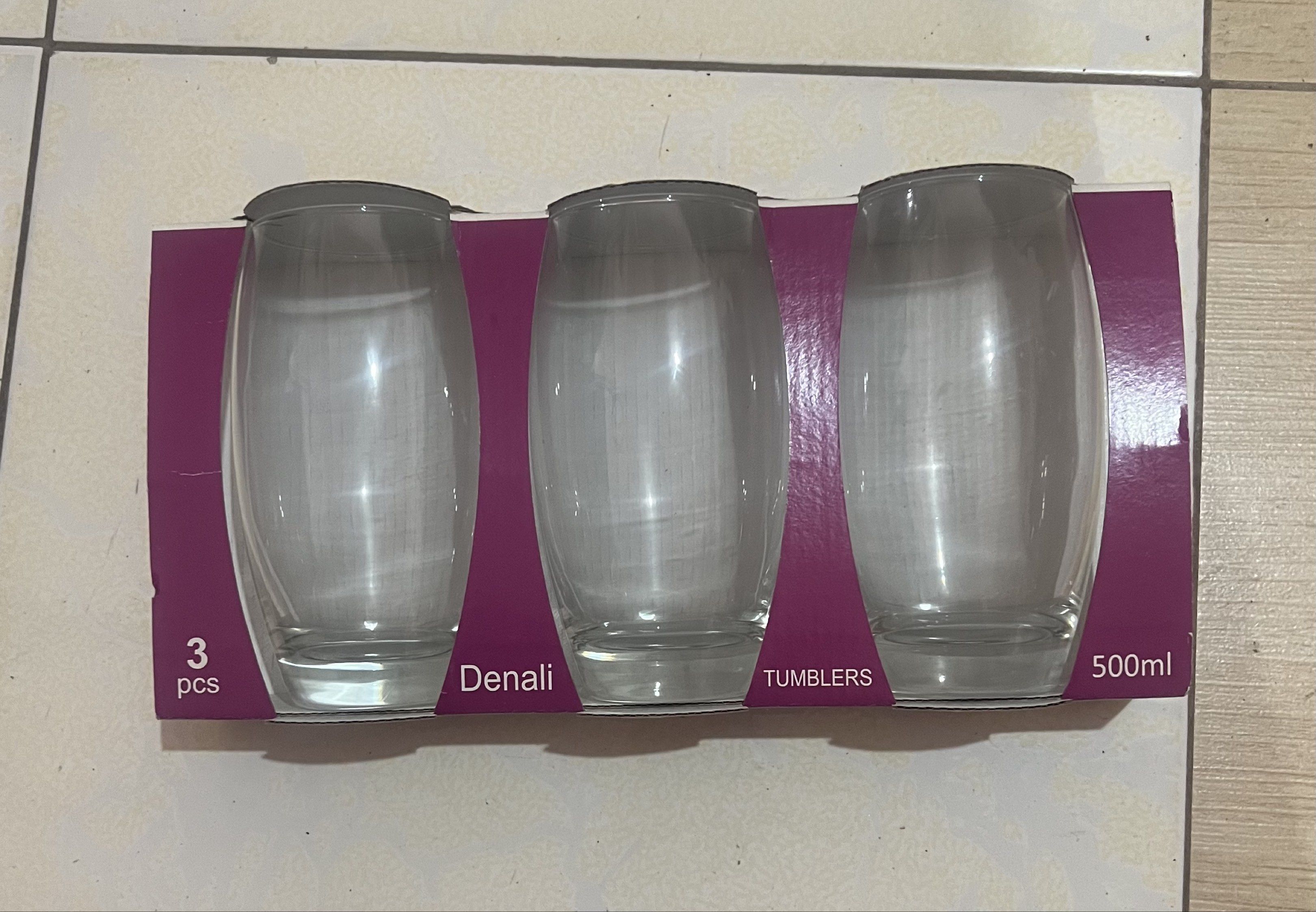 Glasses - 500ml (Set of 3) (Category: Other Kitchenware & Tableware) located in Makati City. Submitted by nicolaylay (Listing ID 1419000487, Image 1). Description: - Set of 3 Denali tumblers - 500ml capacity each - Made by MS Glass Co. - Simple and elegant design - Ideal for daily use or entertaining - Comes in original packaging Flaw: Packaging is slightly damaged. .