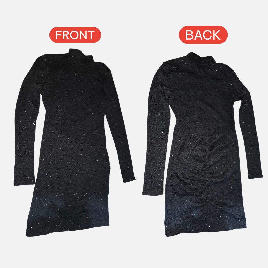 Glitter studded turtleneck dress (Category: Evening dresses & gowns) located in Manila. Submitted by declutterwtly (Listing ID 1419023176, Image 1). Description: Send me your offers. TYSM! ♡ -glitter studded -backless -ruffled bottom area -washed only, not yet used -no when worn.