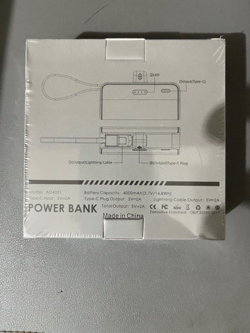 Goojodoq Power Bank AD4031 (Category: Batteries & Power Banks) located in Manila. Submitted by ali.preloved (Listing ID 1419148997, Image 2). Description: - Goojodoq Power Bank AD4031 - 4000mAh battery capacity - Type-C input/output - Lightning cable output - Q LED indicator - Sealed! Never been opened won this at a raffle in our office and i dont have any android devices to use it on 😊.