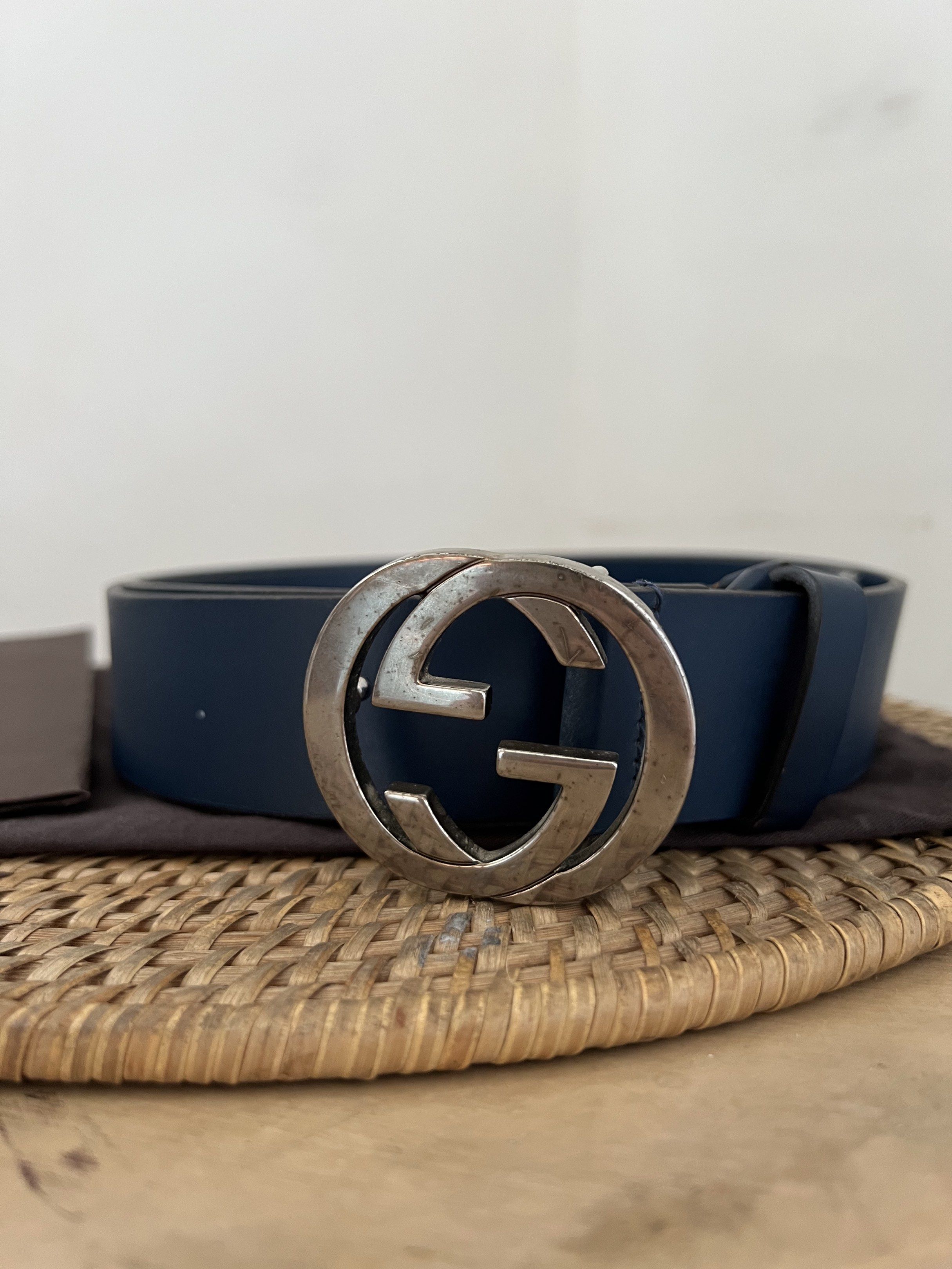 Gucci Logo Belt (Category: Belts) located in Quezon City. Submitted by kdiv_ (Listing ID 1419070306, Image 2). Description: Personal preloved |Guaranteed Authentic Bought in Hong Kong Navy blue in size 90/36 Inclusions: Strap, Receipt and Dust Bag ***Buckle needs polishing RFS: Decluttering, no longer being used MOP: BDO/GCash Shipping fee to be shouldered by the buyer.