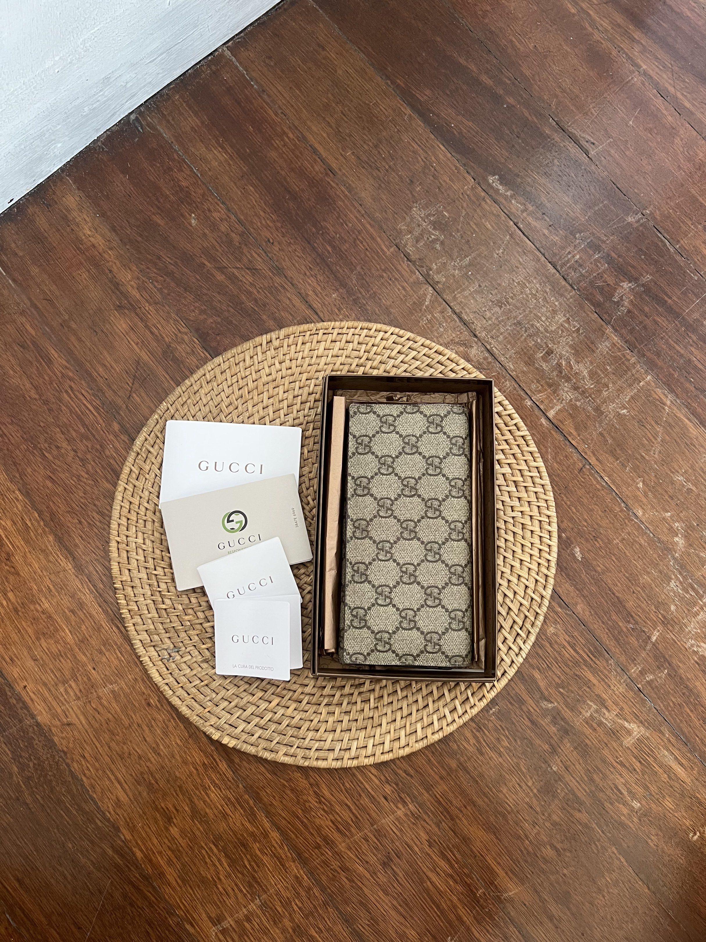 Gucci Monogram Leather Long Wallet (Category: Wallets & Card holders) located in Quezon City. Submitted by kdiv_ (Listing ID 1419099829, Image 1). Description: Personal preloved |Guaranteed Authentic Store Bought Inclusion: Box and Cards RFS: Decluttering, no longer being used MOP: BDO/GCash Shipping fee to be shouldered by the buyer.