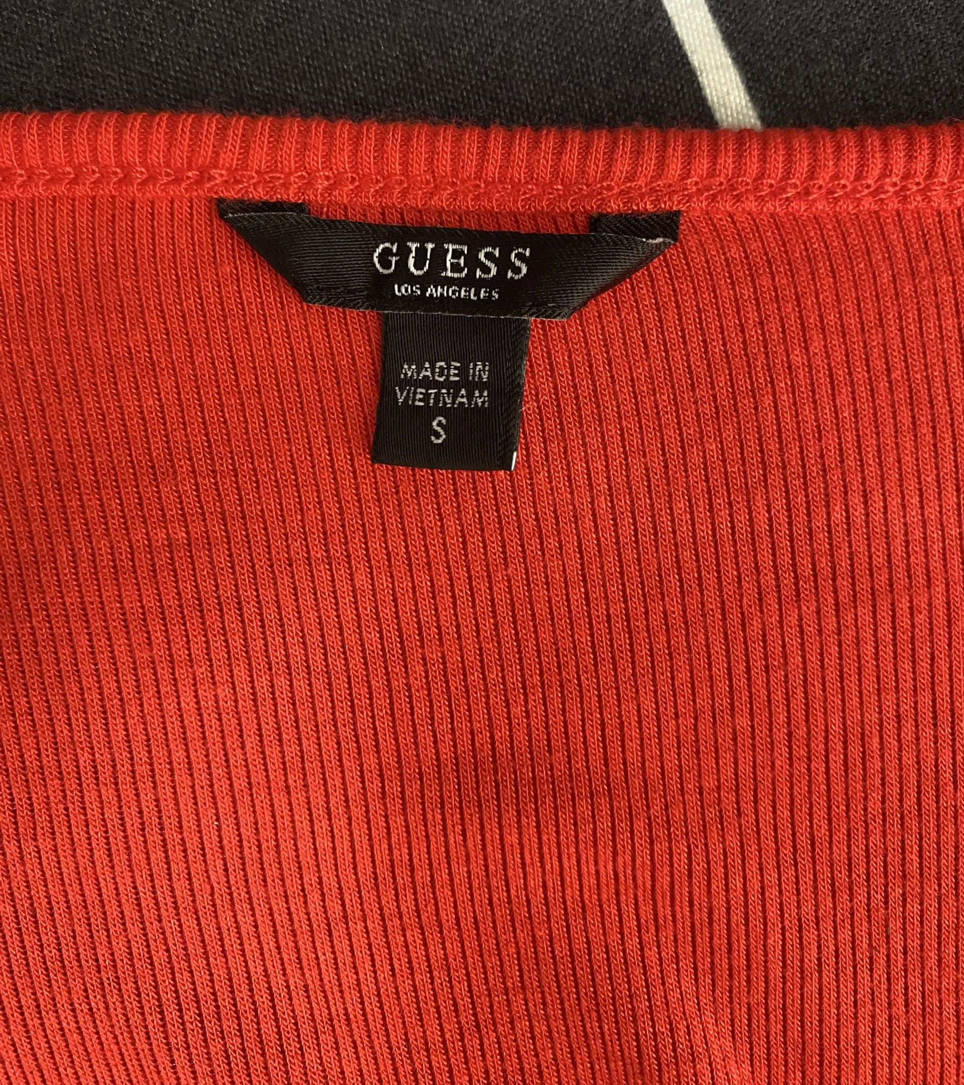 Guess Long Sleeve Top - Red - Size S (Category: Blouses) located in Muntinlupa City. Submitted by greatfindstore (Listing ID 1418977687, Image 3). Description: - Guess long-sleeved top - Scoop neckline - Hook-and-eye closures - Guess logo detail - stretcheable - Size: S - Made in Vietnam.