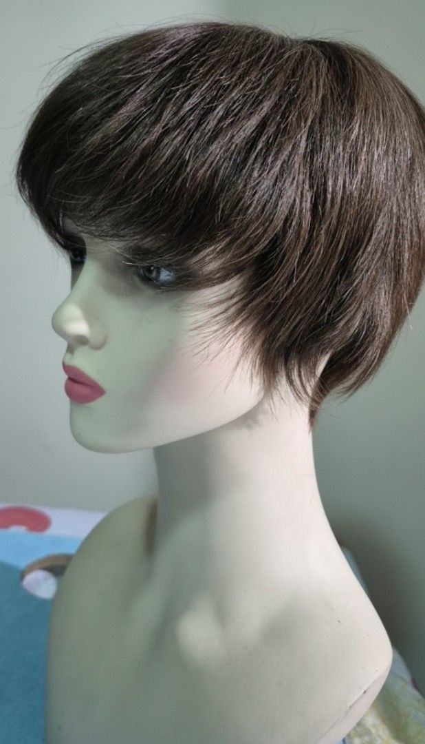 Human Hair Short Brown Wig (Category: Hair Accessories) located in Navotas City. Submitted by jaycustodio2 (Listing ID 1419017656, Image 3). Description: - Short, layered wig - Natural brown color - Side-swept fringe - Comfortable fit - Styled and ready to wear - Perfect for cosplay or a quick style change.