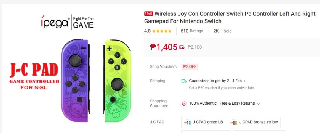 Ipega J-C Pad Wireless Joy Con Controller (Category: Controllers) located in Taguig. Submitted by jollero (Listing ID 1418988323, Image 2). Description: I had these for a year but never used them. They never worked well with my son's switch when connected. Its not seen as 1 controller. No issue when they are disconnected. My son still prefers his bulky 3rd party controller. - Wireless Joy-Con controller - Compatible with Nintendo Switch - Include