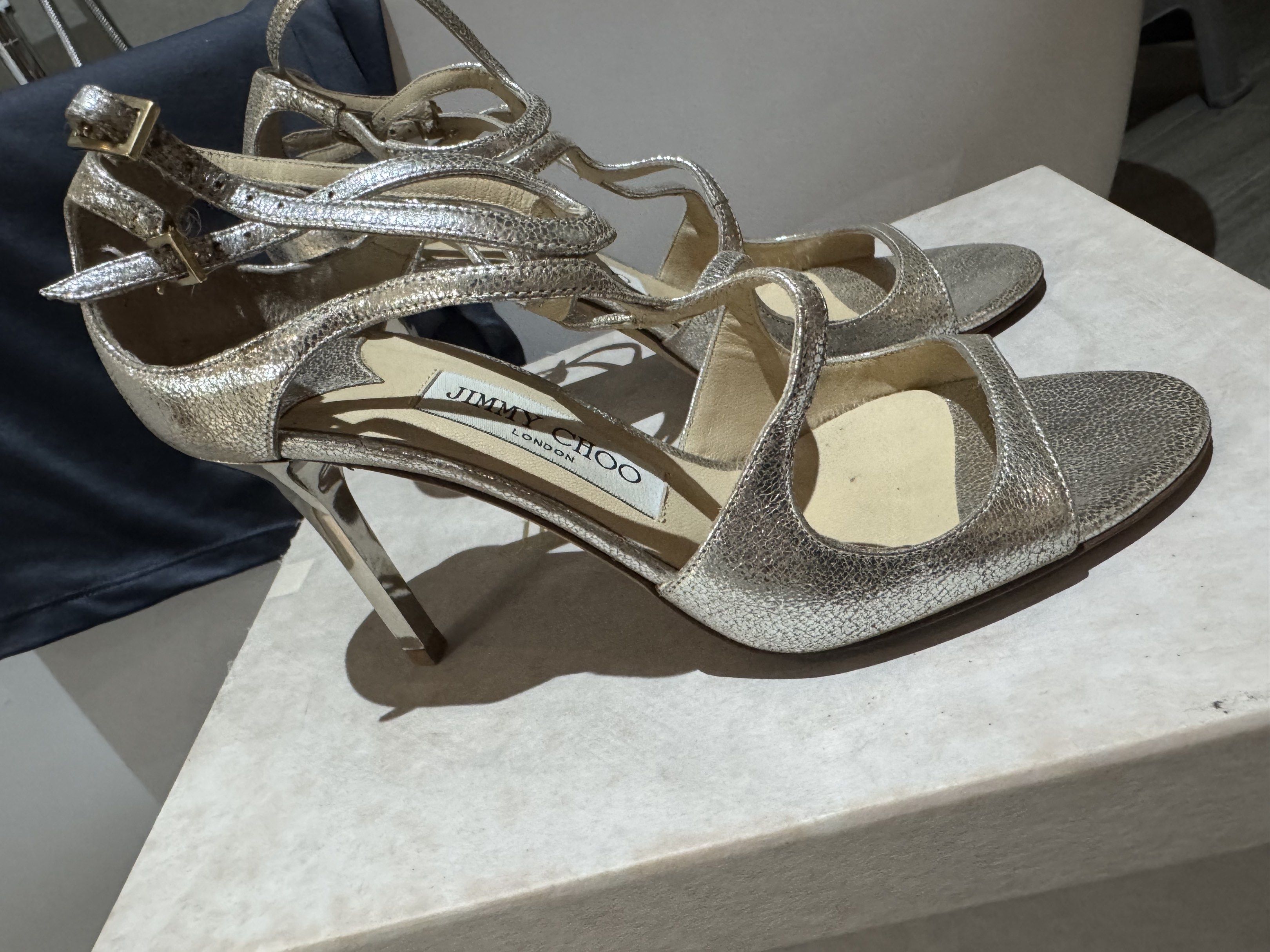 Jimmy Choo Silver Strappy Heels (Category: Heels) located in Quezon City. Submitted by tinylee60 (Listing ID 1419140145, Image 3). Description: - Jimmy Choo silver strappy heels Size 6.5 - Delicate design with multiple straps - Stiletto heel - Metallic finish - Buckle closure - Jimmy Choo logo on insole - Comes with original box Original price 60K.
