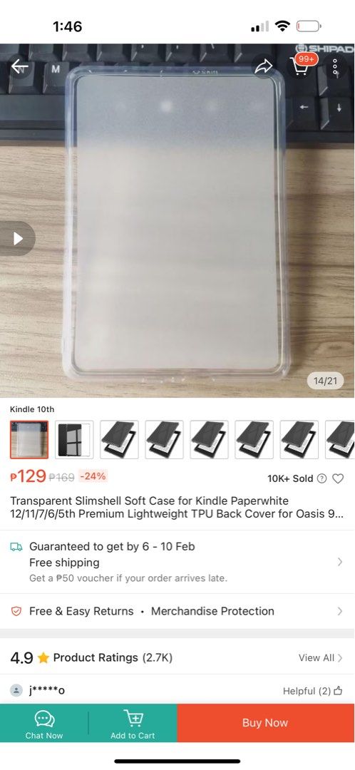 Kindle 10th transparent case BRAND NEW (Category: E-Readers) located in Pasay City. Submitted by terutier (Listing ID 1419030414, Image 2). Description: WTS: Kindle 10th transparent case ₱100 Brand new and just opened. Bought the wrong size (needed it for paperwhite 10th and misread the listing 🥲).
