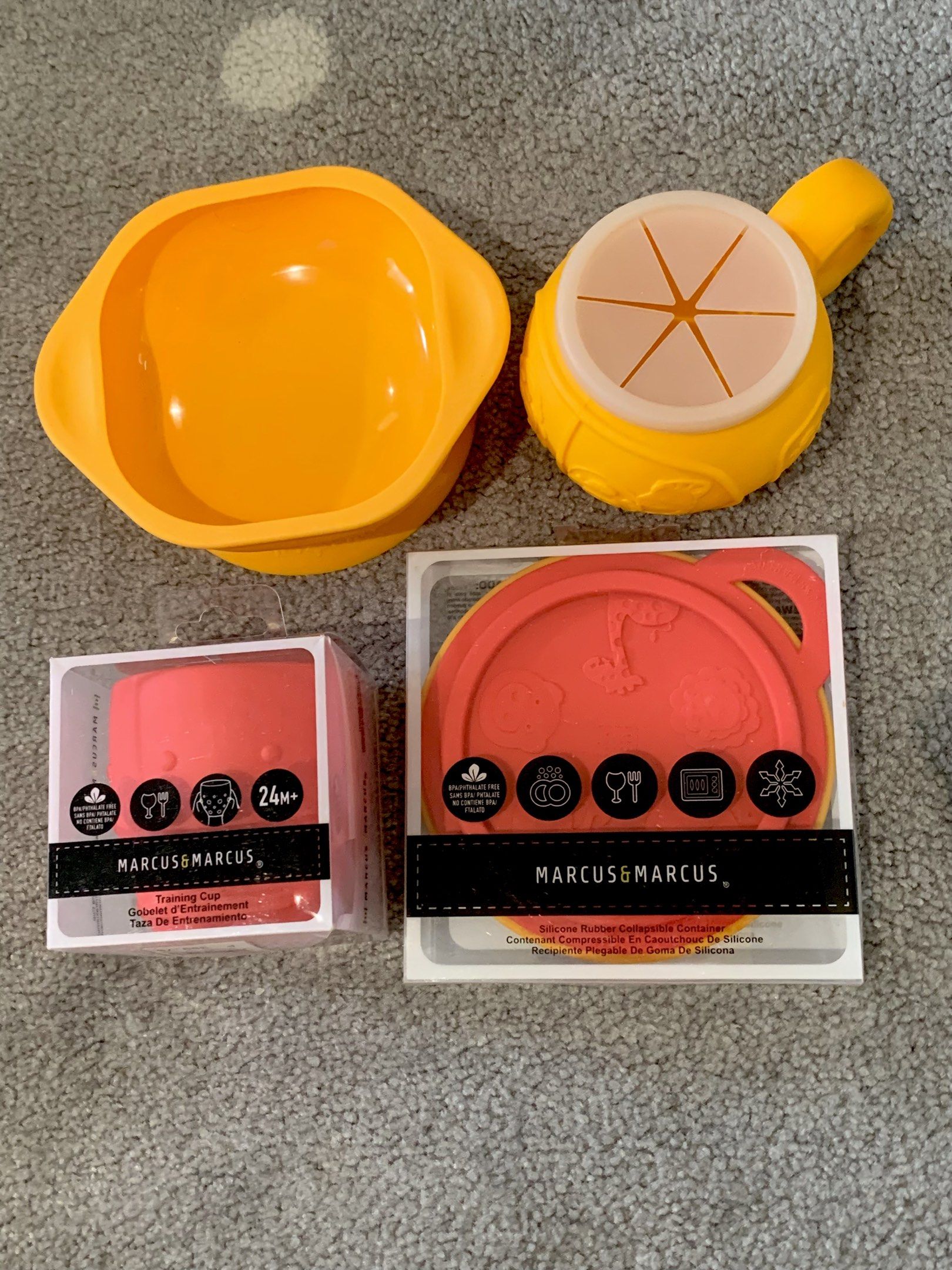 Take all for 950 Marcus & Marcus Baby Feeding Set (Category: Weaning & Toddler Feeding) located in Pasig City. Submitted by littleryenstreasures (Listing ID 1418995939, Image 1). Description: - Includes: Silicone bowl, training cup (24m+), and collapsible container. - Made of BPA-free and phthalate-free silicone. - Features adorable animal designs. - Training cup suitable for babies 24 months and up. Collapsible bowl-450 suction bowl -350 snackcu