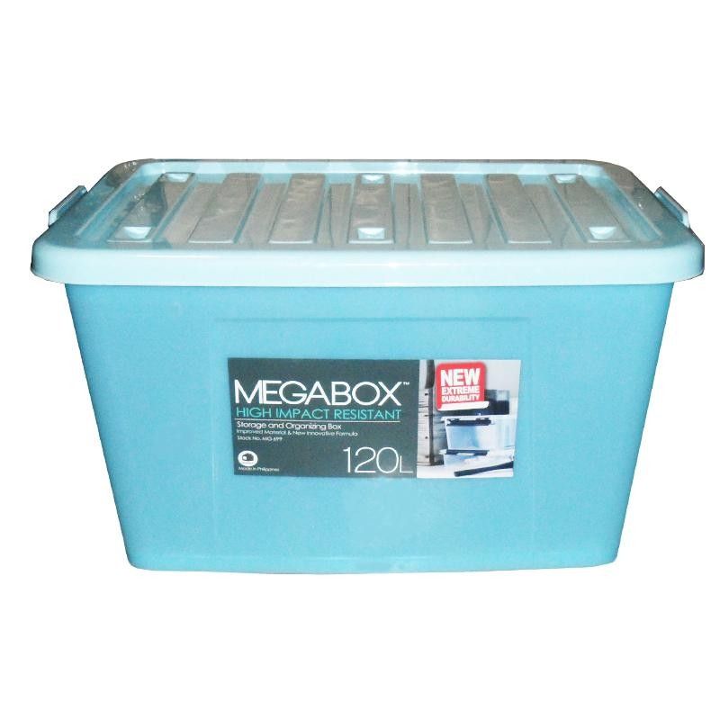 Megabox 120L Storage Box (Category: Storage Boxes & Baskets) located in Manila. Submitted by loaf.breed26 (Listing ID 1419097352, Image 1). Description: Durable Megabox storage box, perfect for organizing your belongings. It is high impact resistant and has a 120L capacity. The box features a light blue body with a white lid. Ideal for storing clothes, toys, or any items you want to keep safe and organized..