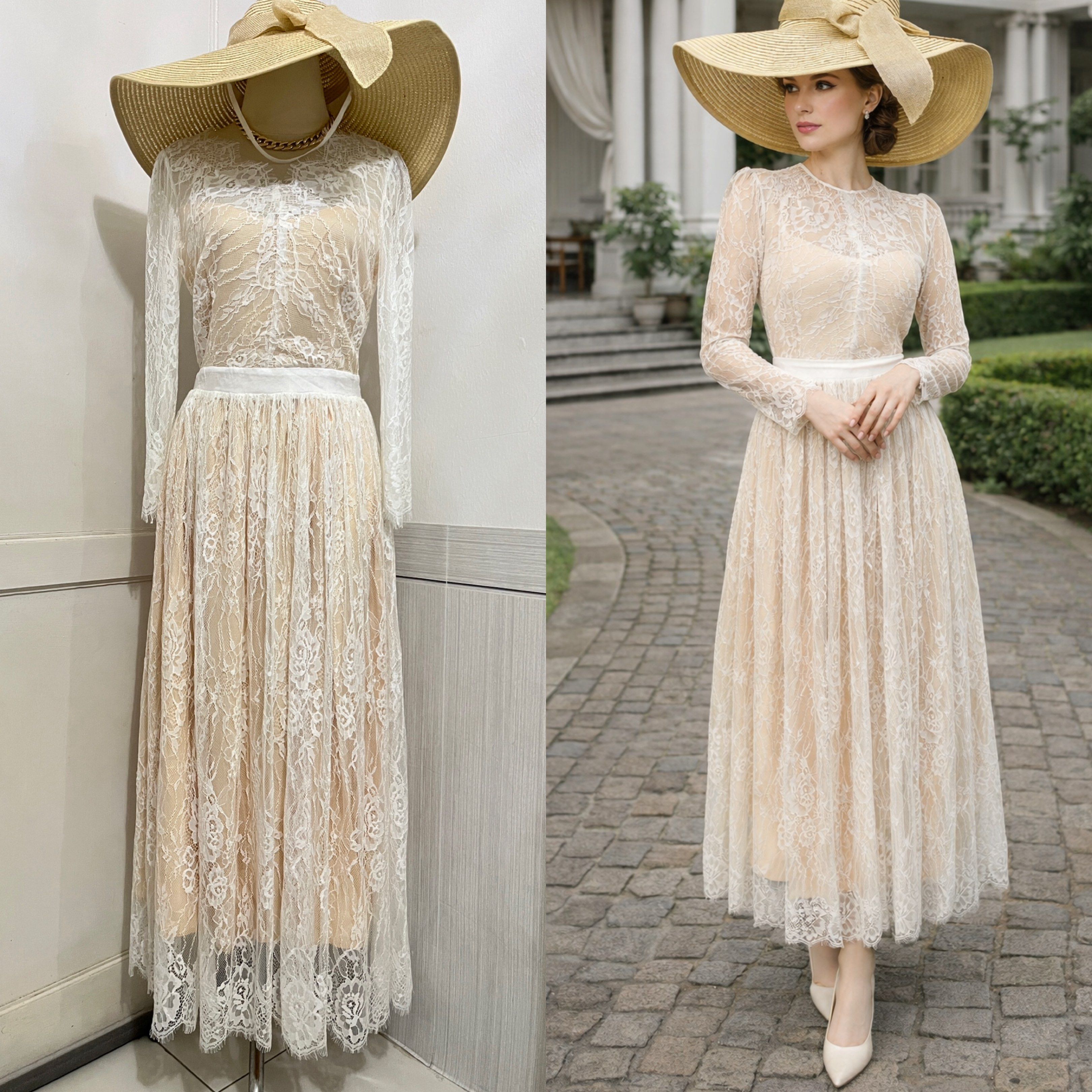NEGO NEW!!! Long Dress Wedding Full Brokat White Inner Gold Long Sleeves /  Maxi Dress Party