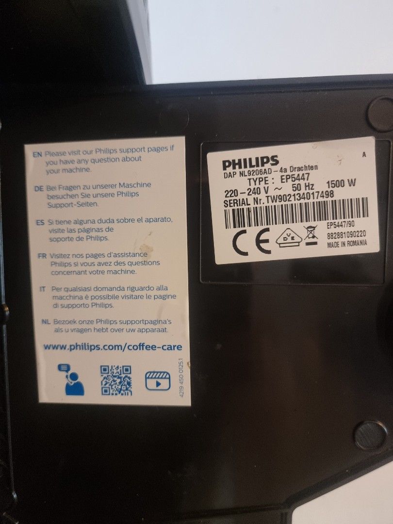 Philips Espresso Coffee Machine (Category: Coffee Machines & Makers) located in Cavite. Submitted by r4vid (Listing ID 1419010230, Image 3). Description: Philips 5400 Series (EP5447) - For Parts/Repair ​Price: ₱20,000 (Negotiable) Condition: For Parts/Non-functional ​ ​Up for sale is my Philips Fully Automatic Espresso Machine (Model EP5447/94). This is a top-of-the-line model from the 5400 series, known for the LatteGo system and 12 coffee varie