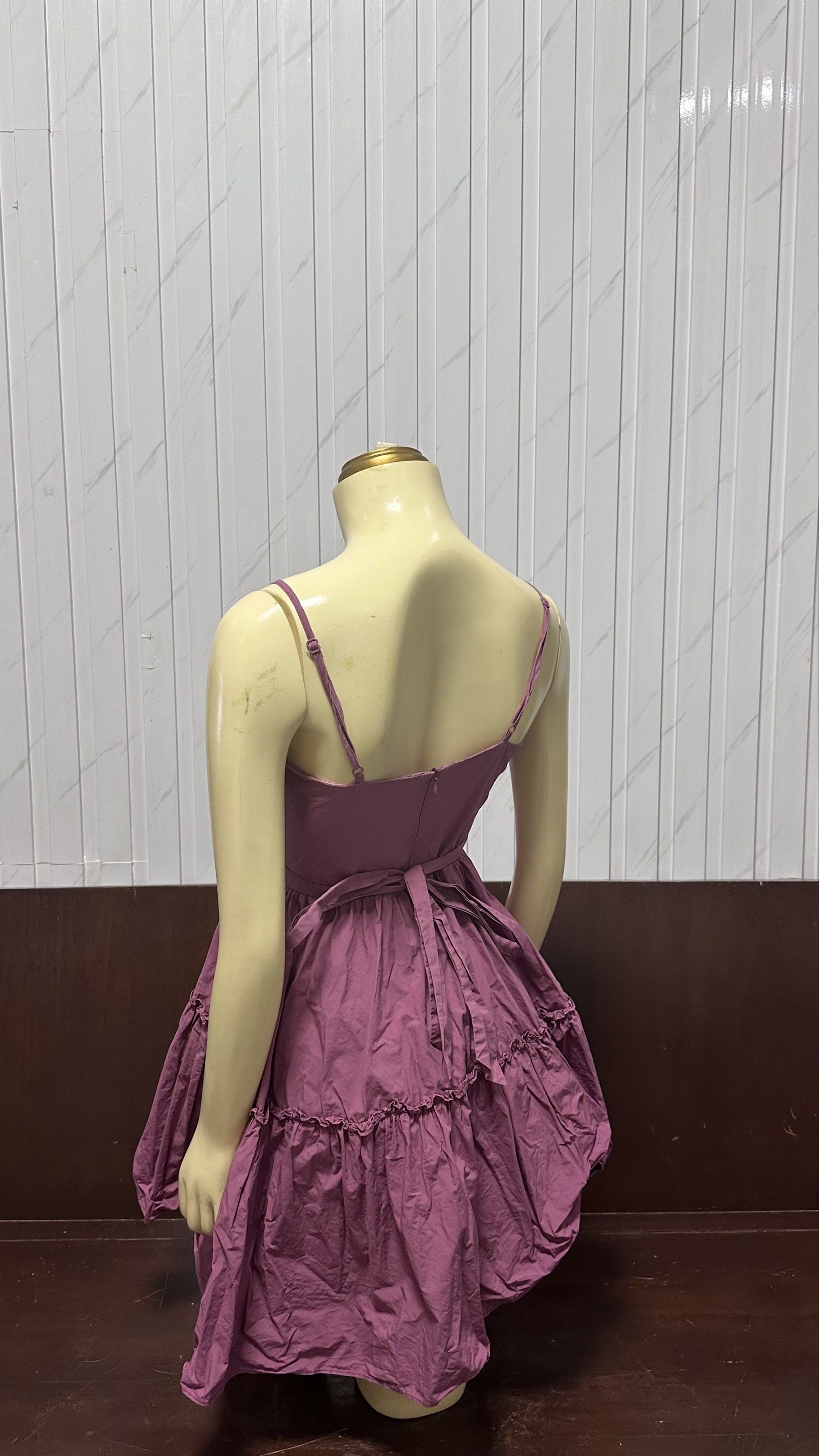 Purple Spaghetti Strap Dress (Category: Dresses) located in Taguig. Submitted by ylluhhhh (Listing ID 1419191852, Image 2). Description: - Muted purple dress - Flattering V-neck and spaghetti straps - Fitted bodice with tiered, flared skirt - Adjustable fit with back tie - Ideal for casual outings and summer events.